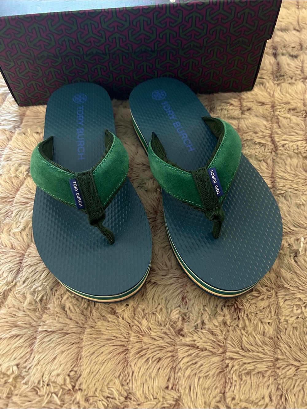 Tory Burch Green Suede and Navy Flip Flops size 8 new